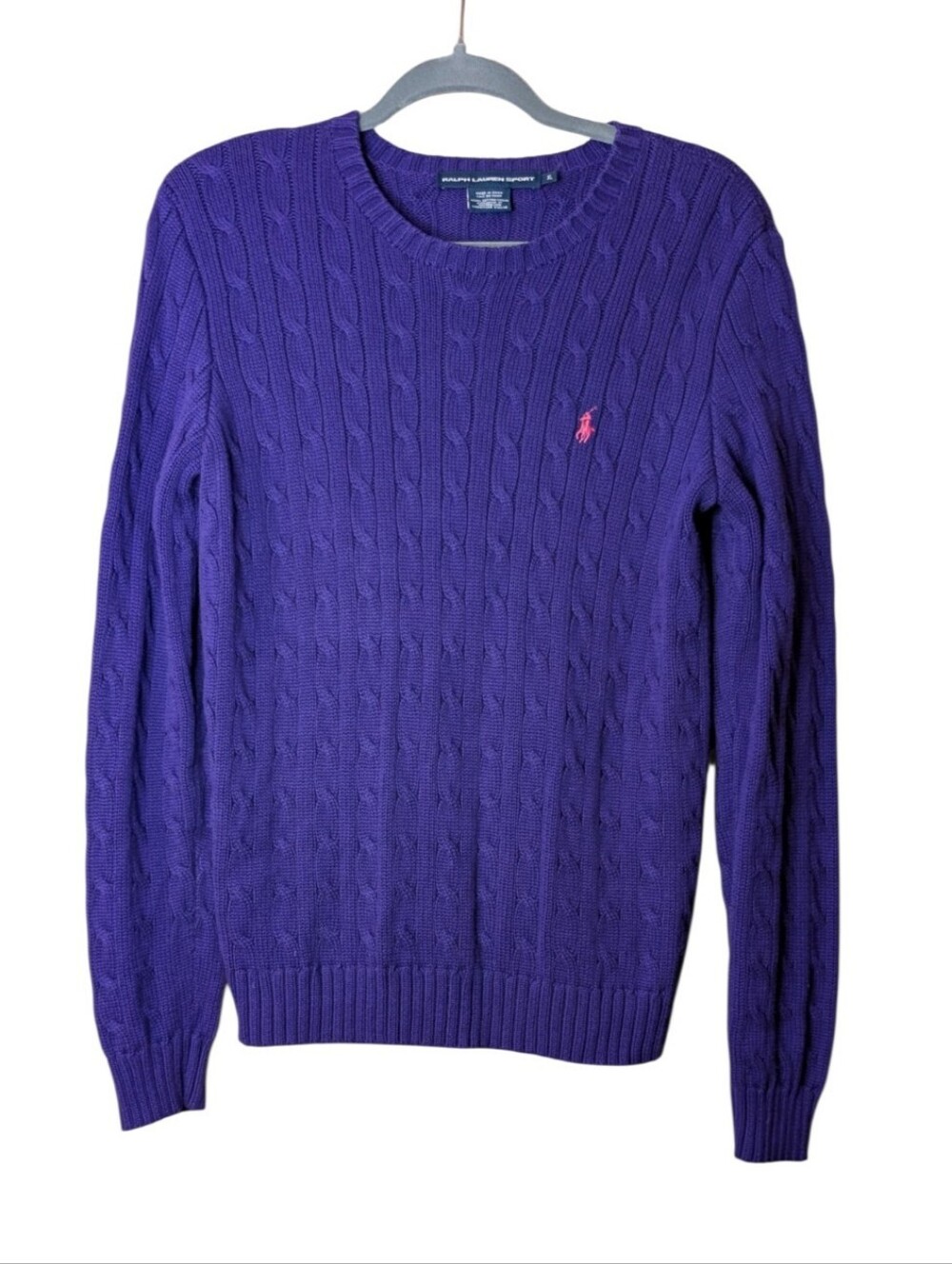 Vintage Ralph Lauren Sport Purple Cable Knit Cotton Sweater Pink Pony jumper XL - Picture 7 of 7
